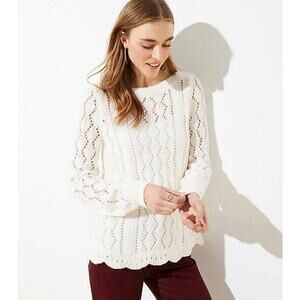 LOFT Pointelle Knit Sweater XL Cream Scalloped Hem Soft Lightweight Pullover